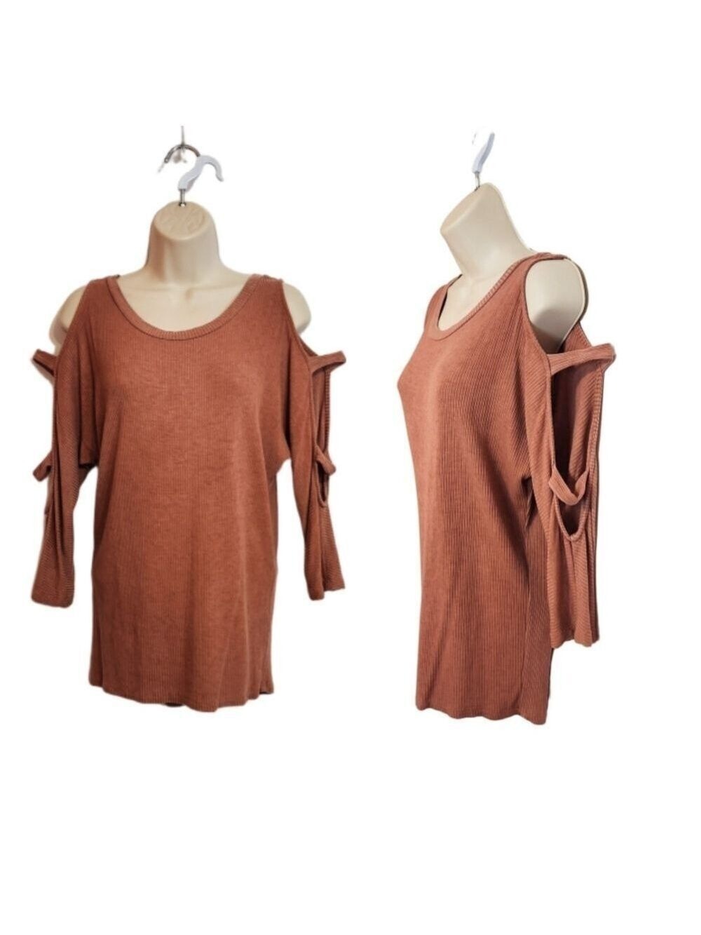 Cherish Ribbed Cold Shoulder Knit Top Orange Pink Small